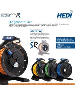Vollkunstoffkabeltrommel HEDI Generation 7, schwarzem Trommelkörper 40 m H07BQ-F 3G1,5 orange