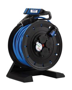 Vollkunstoffkabeltrommel HEDI Generation 7, schwarzem Trommelkörper 40 m H07BQ-F 3G1,5 blau