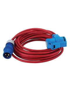Neopren-Gummi-Leitung H07RN-F 3G2,5 in rot. Sie ist ausgestattet mit einer montierten, spritzwassergeschützten CEE Kombi-Winkelkupplung 3x16A / 250 V